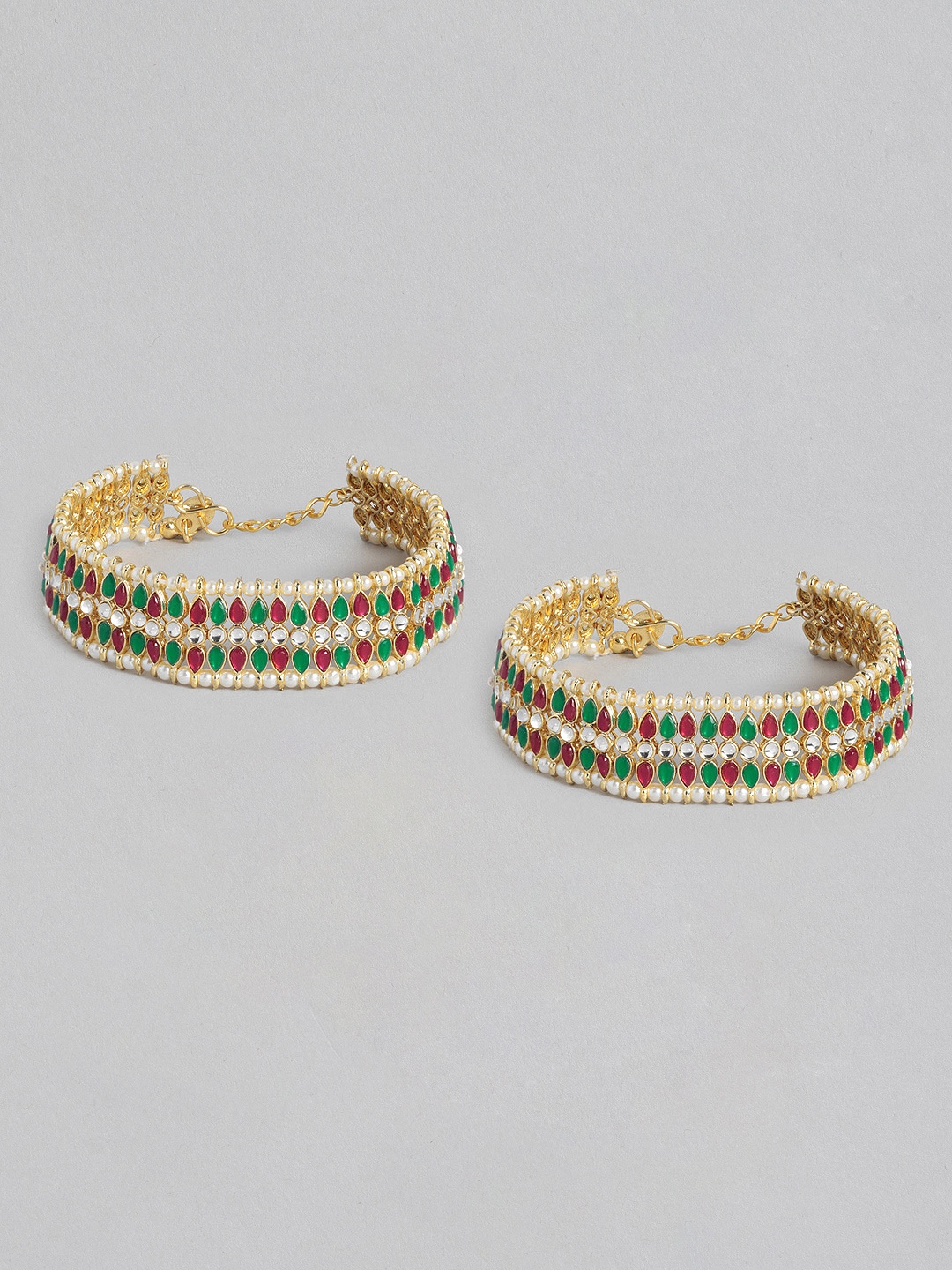 

I Jewels Set Of 2 Gold-Plated Green & Red Kundan & Pearl Studded Anklets