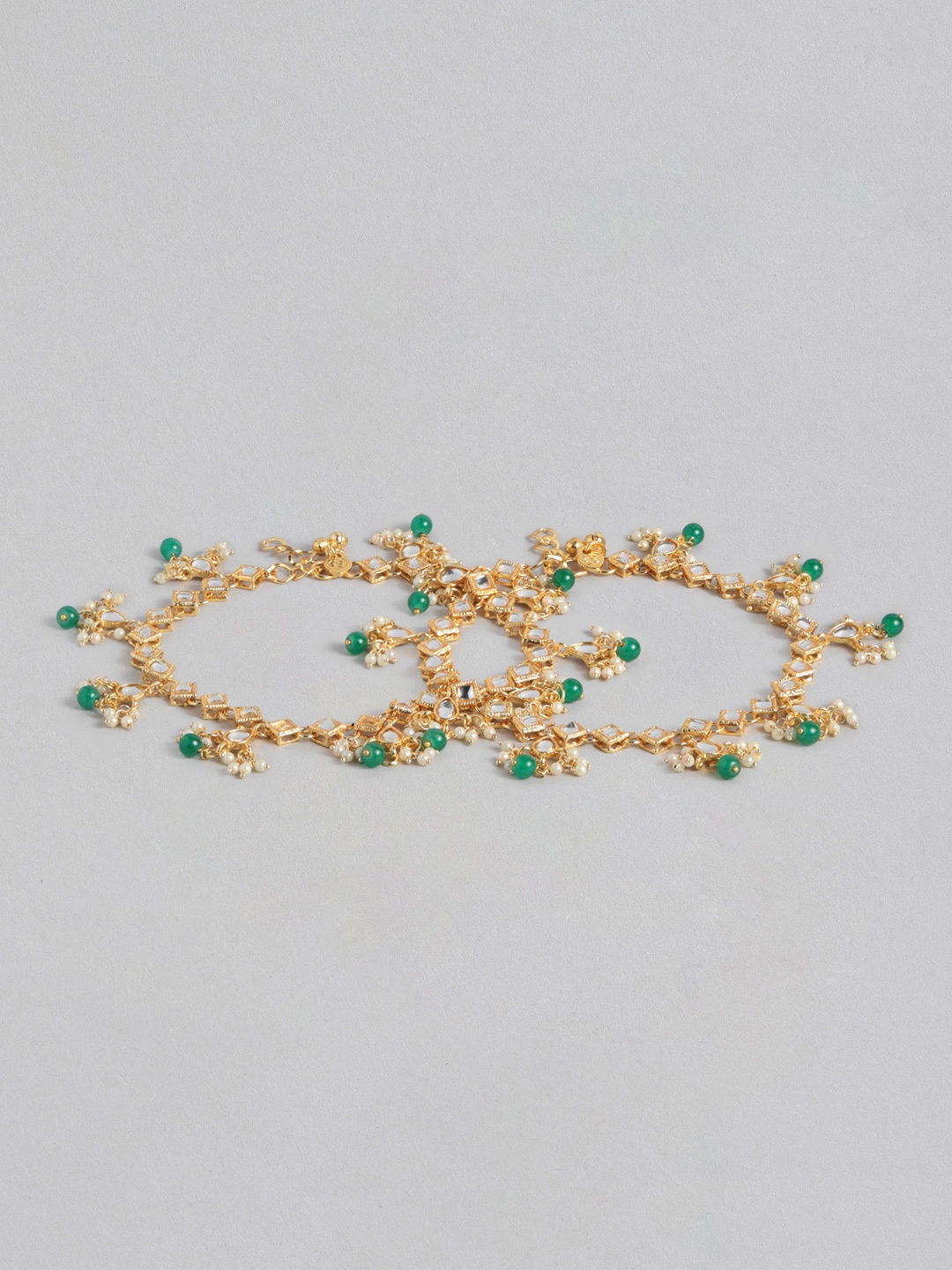 

I Jewels Set Of 2 Gold-Plated Green & White Kundan & Pearl Studded Anklets