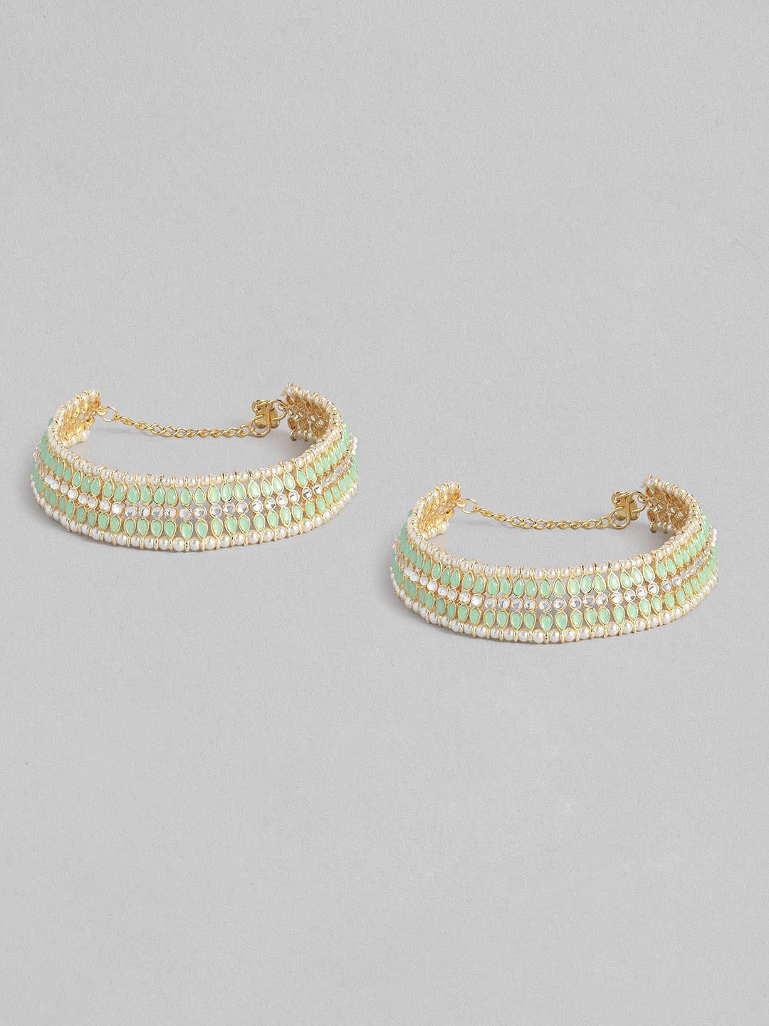 

I Jewels Set Of 2 Gold-Plated & Sea Green Kundan & Pearl Studded Anklets