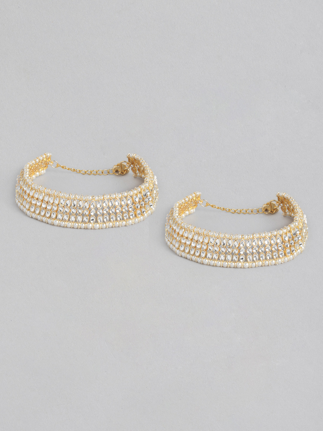 

I Jewels Set Of 2 Gold-Plated & White Kundan & Pearl Studded Anklets
