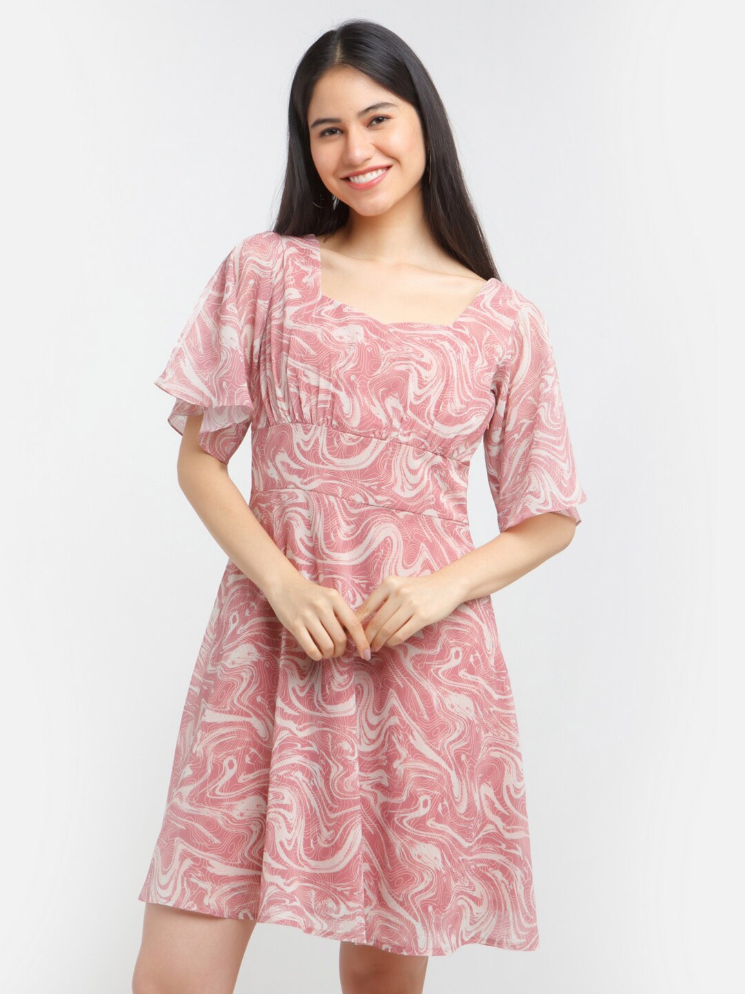 

Zink London Brown Printed Flared Sleeve Fit and Flare Dress