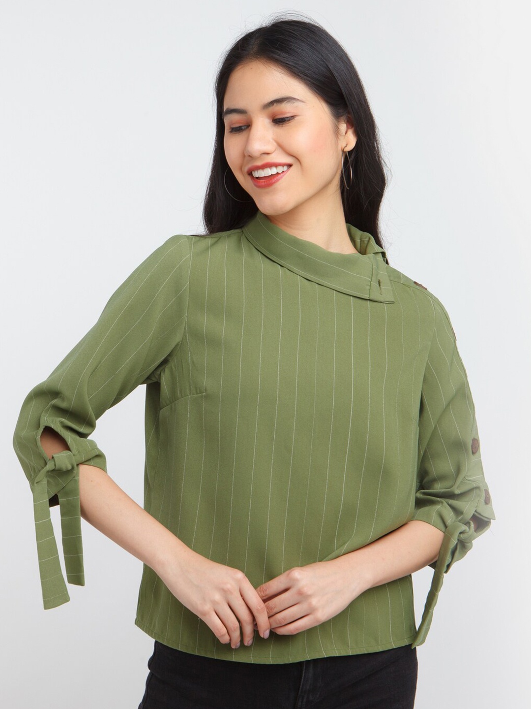 

Zink London Woman Olive Green Striped Top