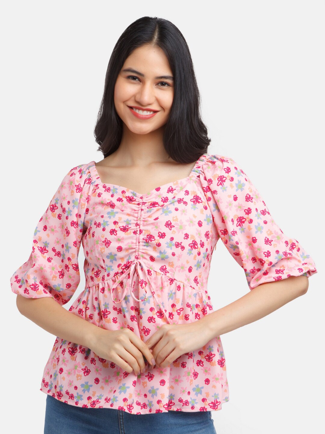 

Zink London Pink Floral Print Sweetheart Neck Cinched Waist Top