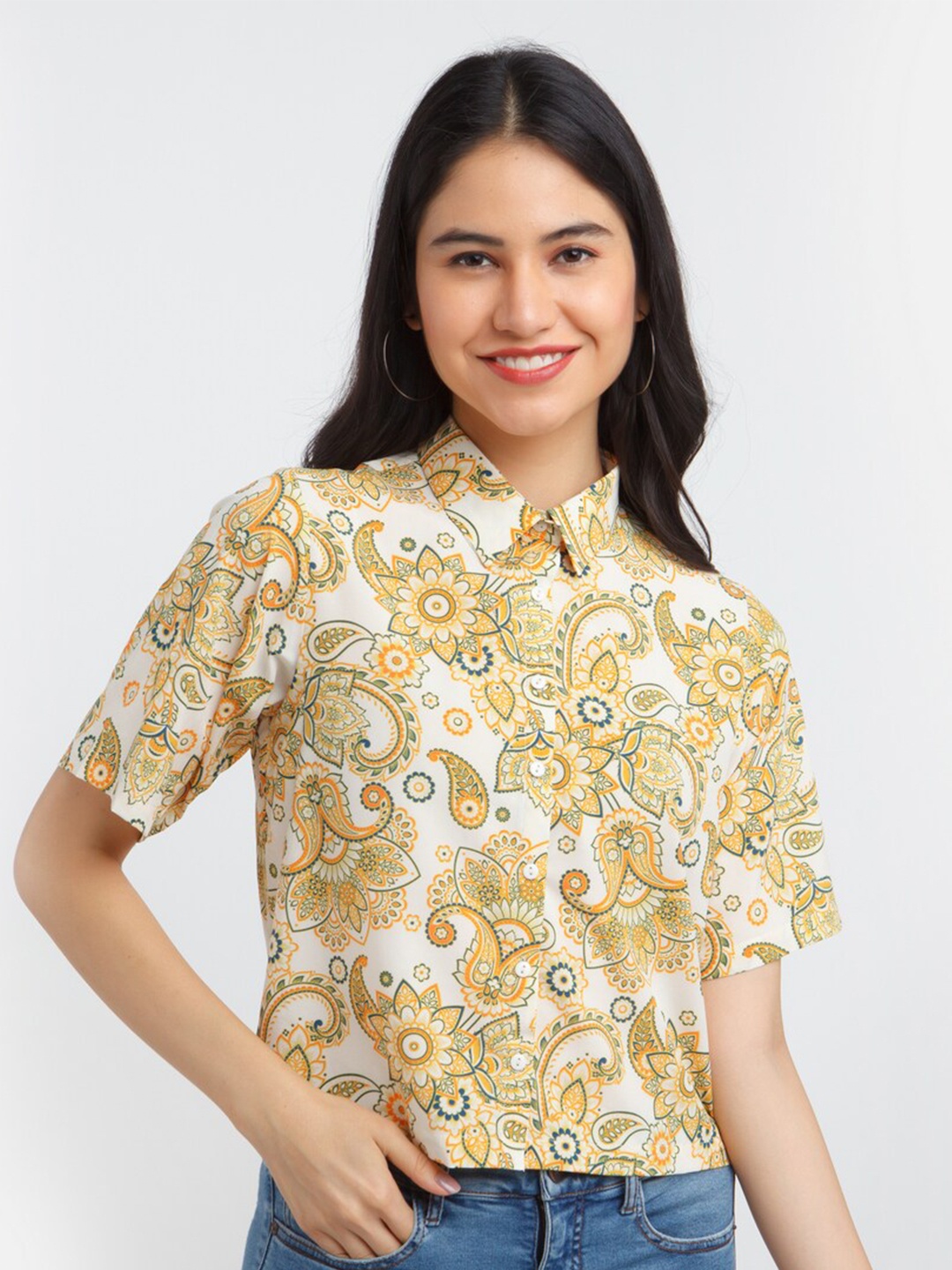 

Zink London Women White Floral Printed Casual Shirt