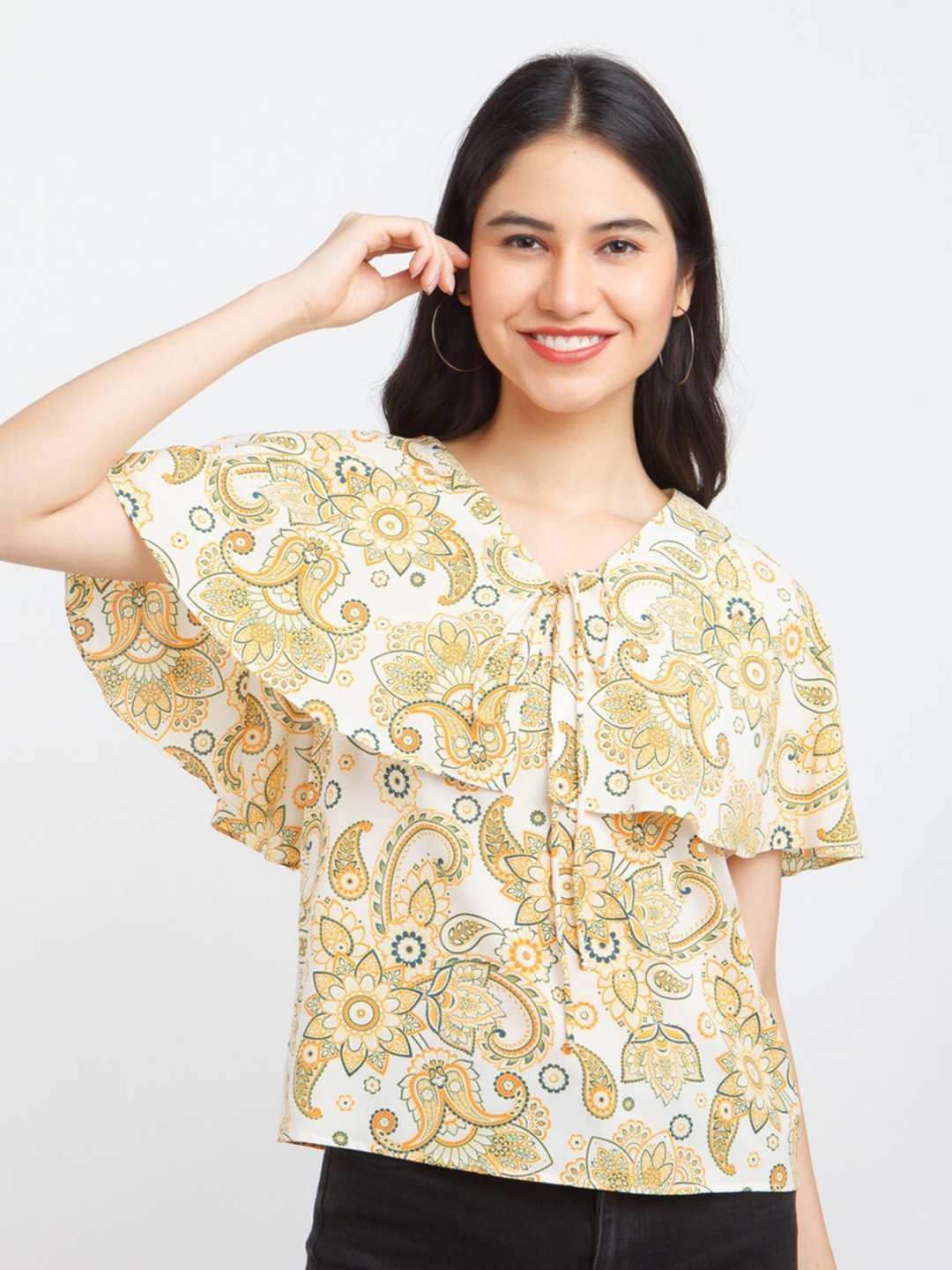 

Zink London Women White & Yellow Print Top