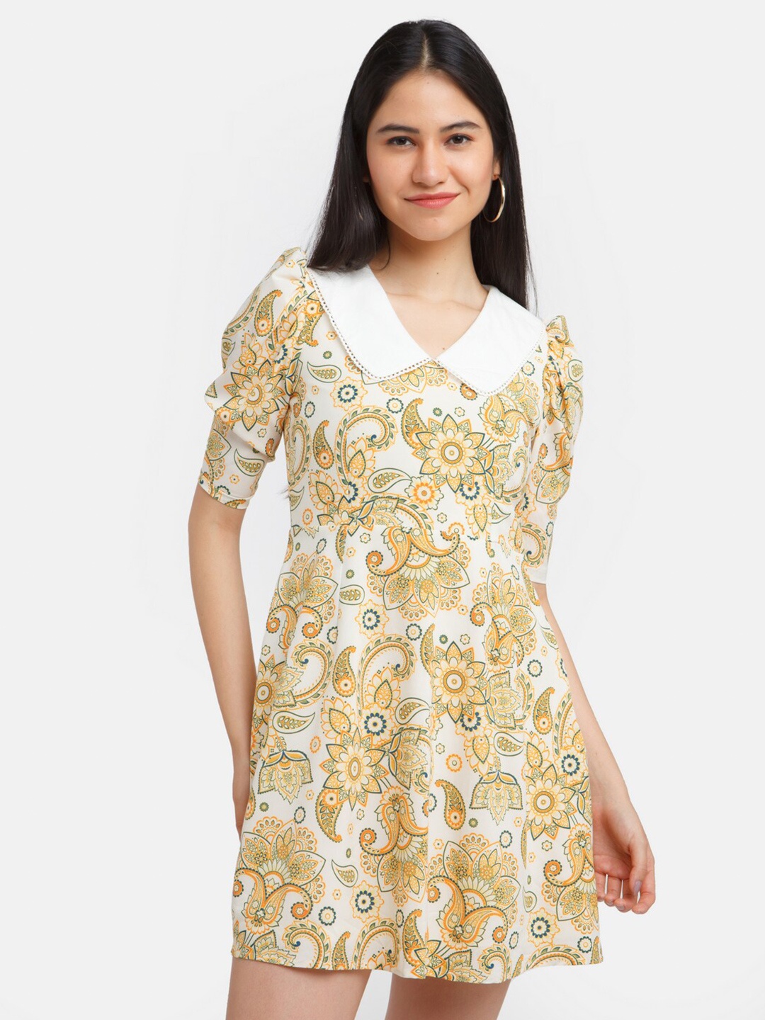 

Zink London White Ethnic Motifs Peter Pan Collar A-Line Dress