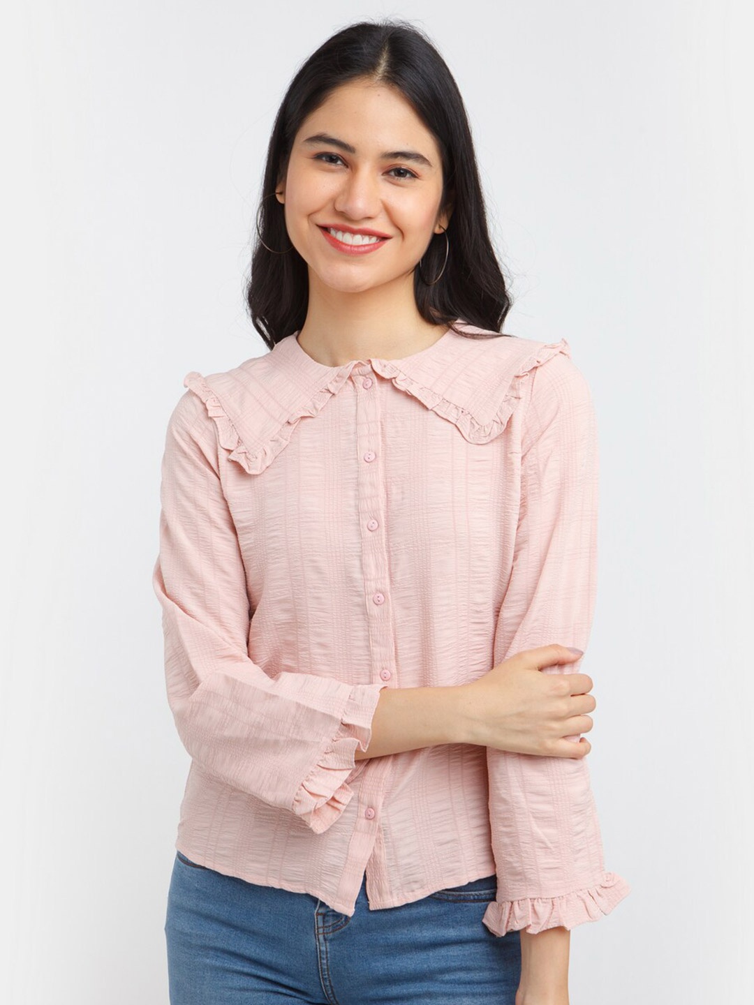 

Zink London Women Pink Self Design Casual Shirt
