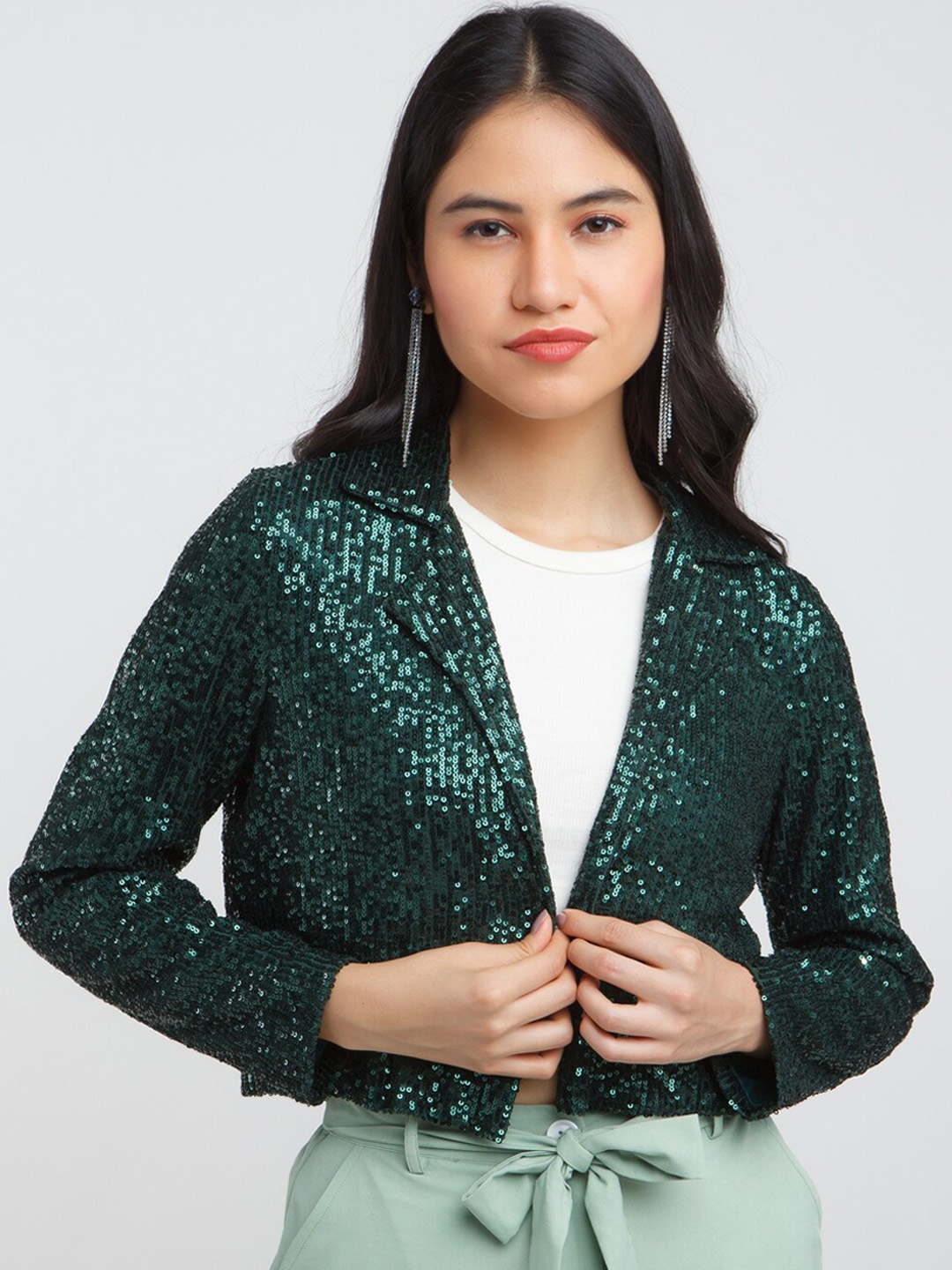 

Zink London Women Green Embellished Crop Blazer