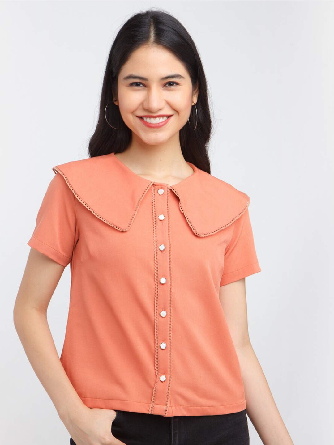 

Zink London Orange Solid Shirt Style Top