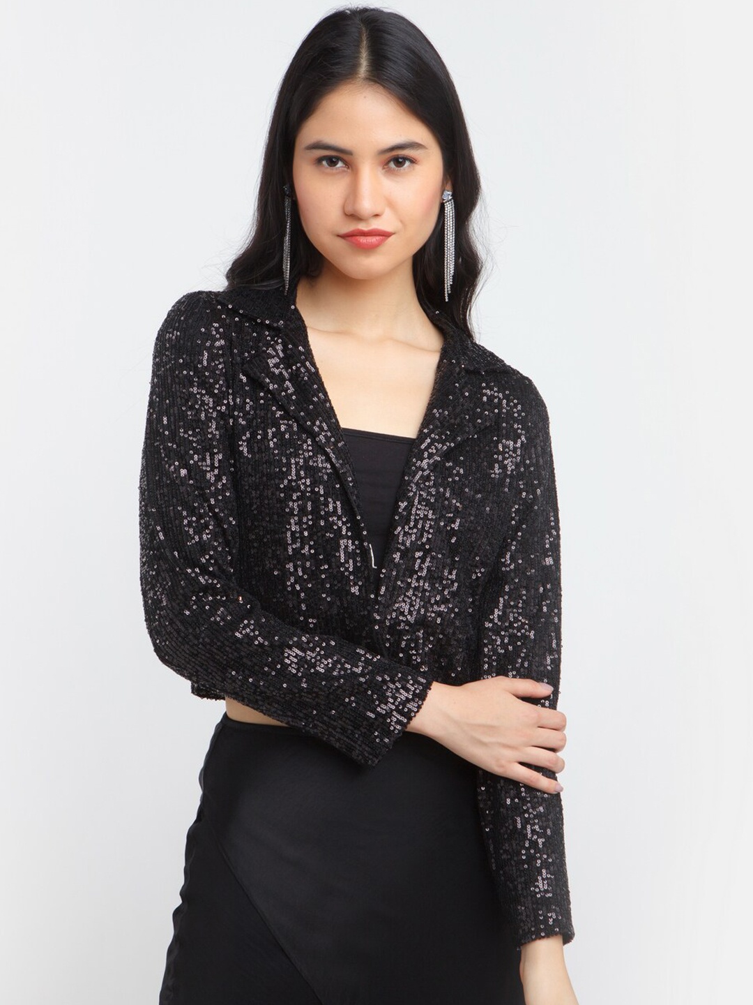 

Zink London Women Black Embellished Crop Open Front Cropped Regular Blazer