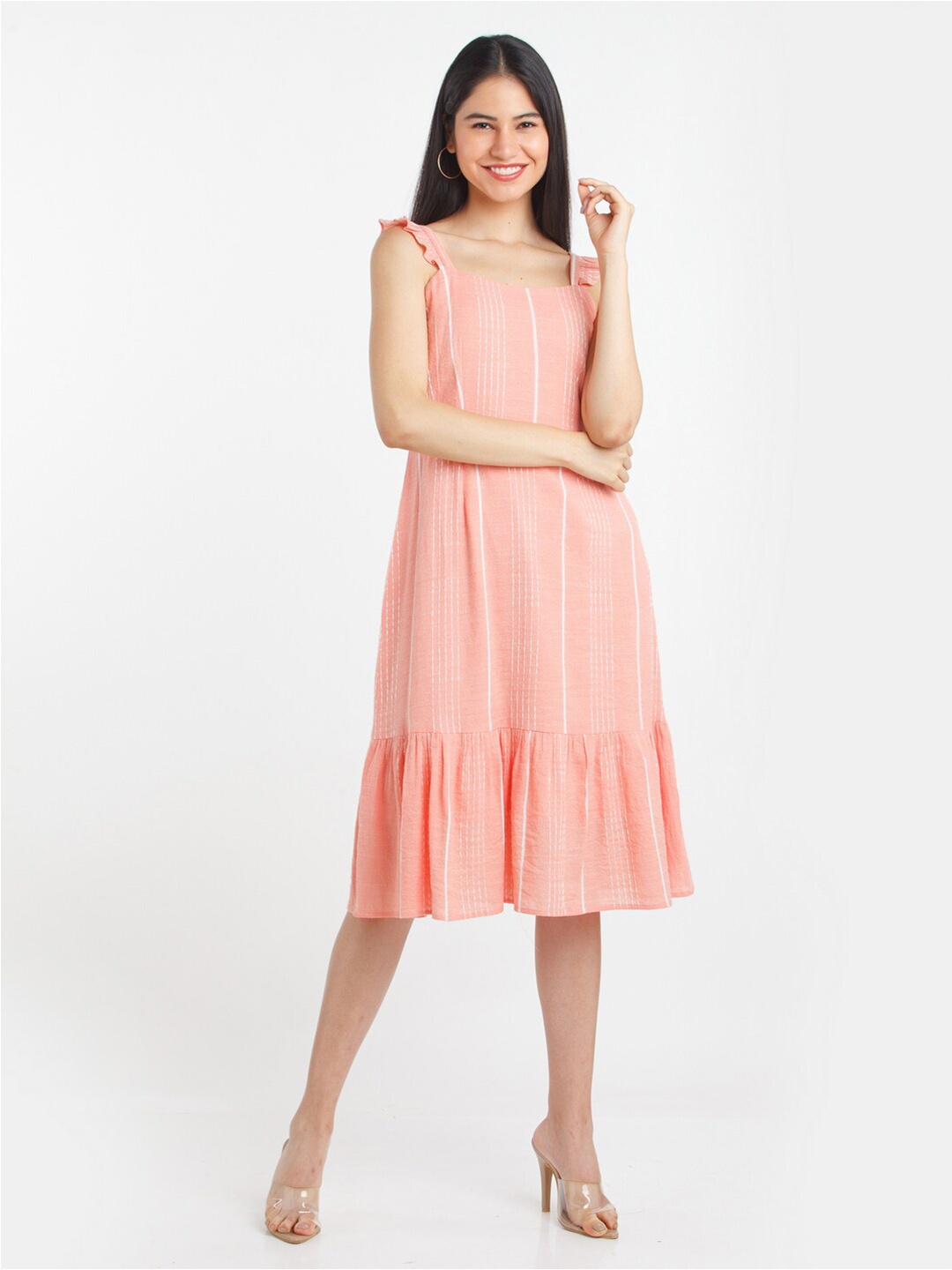 

Zink London Women's Peach Striped Ruffles Midi Dress