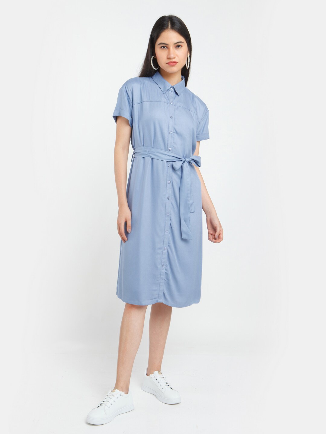 

Zink London Women's Blue Solid Shirt Dress Midi Dress