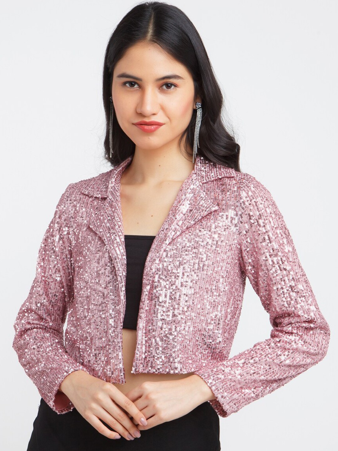 

Zink London Women Pink Embellished Open Front Crop Jacket