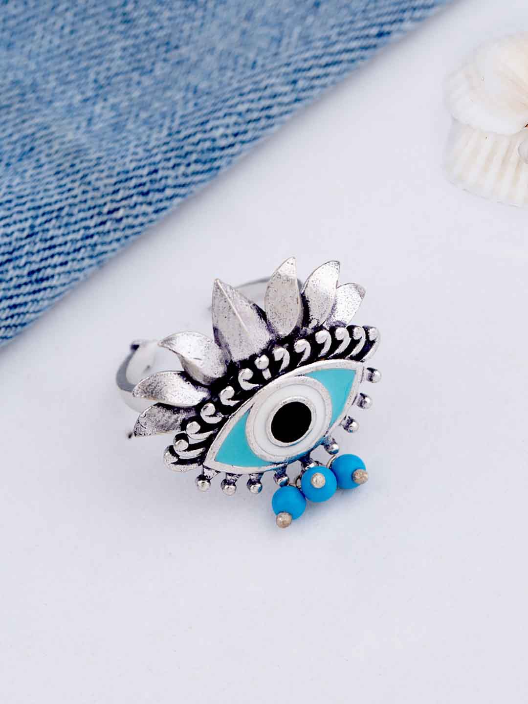 

Voylla Silver-Plated Blue & White Evil Eyes Motif Adjustable Finger Ring