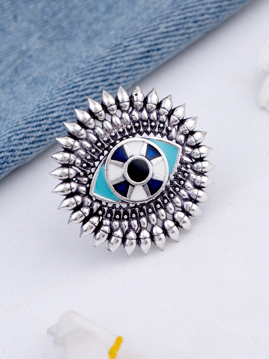 

Voylla Silver-Plated & Blue Evil Eyes Enamelled Statement Adjustable Finger Ring