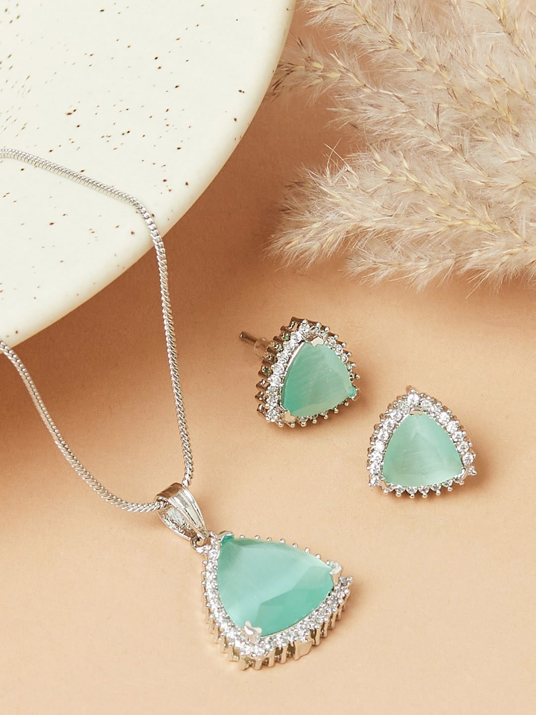 

Voylla Silver-Toned & Turquoise Blue Rhodium Plated Pendant & Earrings Set