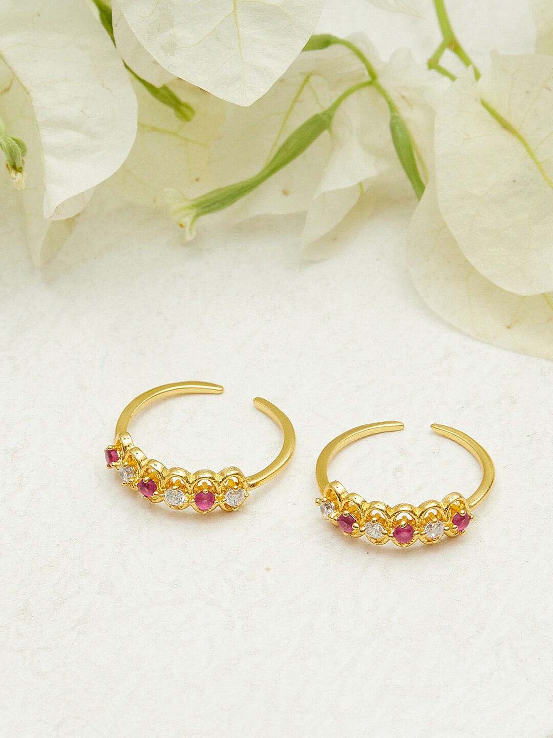 

Voylla Pack of 2 Gold-Plated Pink & White Stone Studded Toe Rings