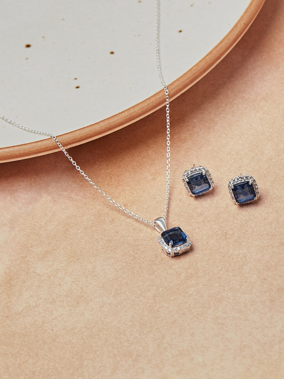 

Voylla Blue & Silver-Toned & Plated Stone-Studded Pendant Set
