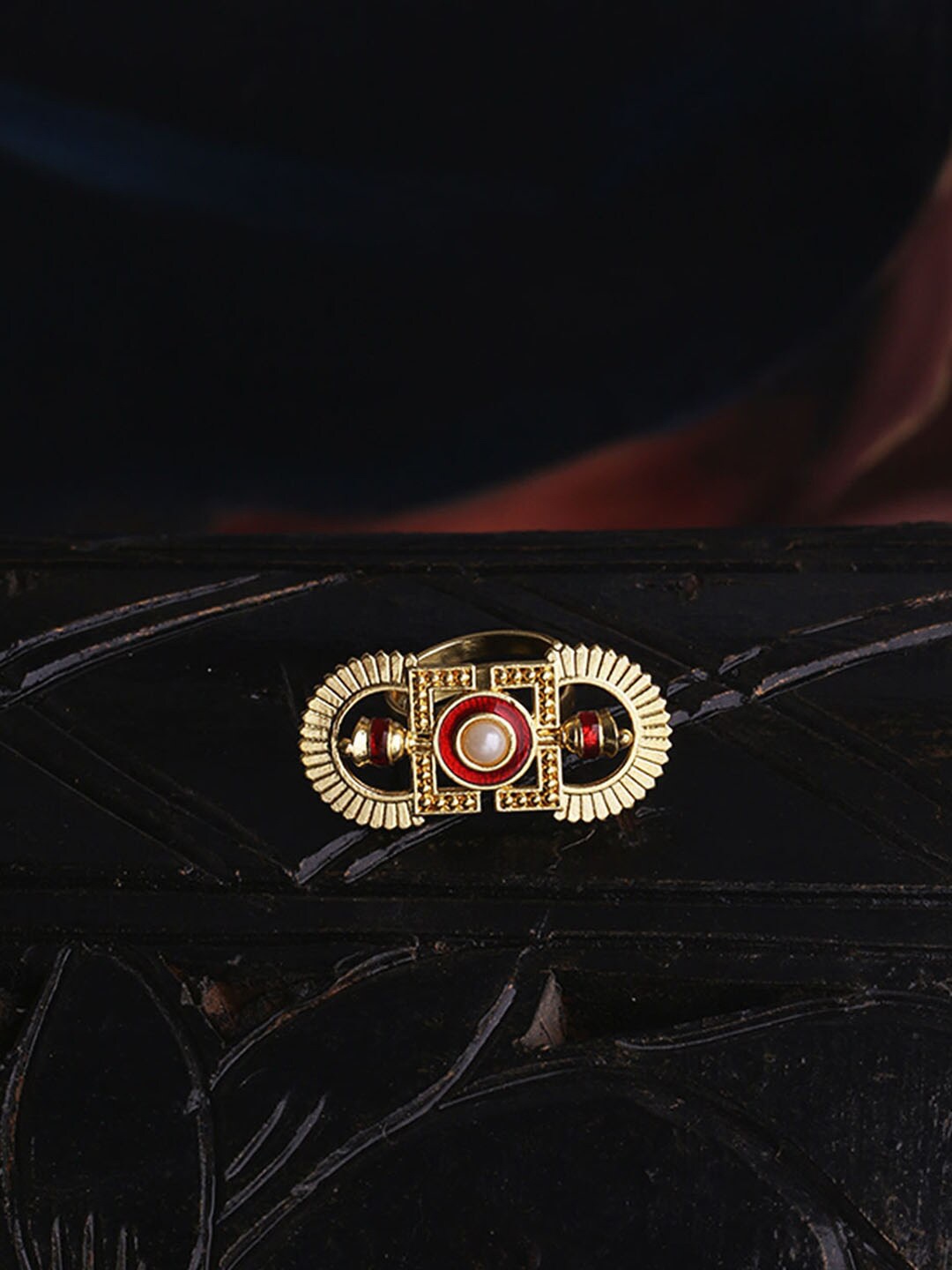 

Voylla Gold-Plated Red & White Pearl Studded Adjustable Finger Ring