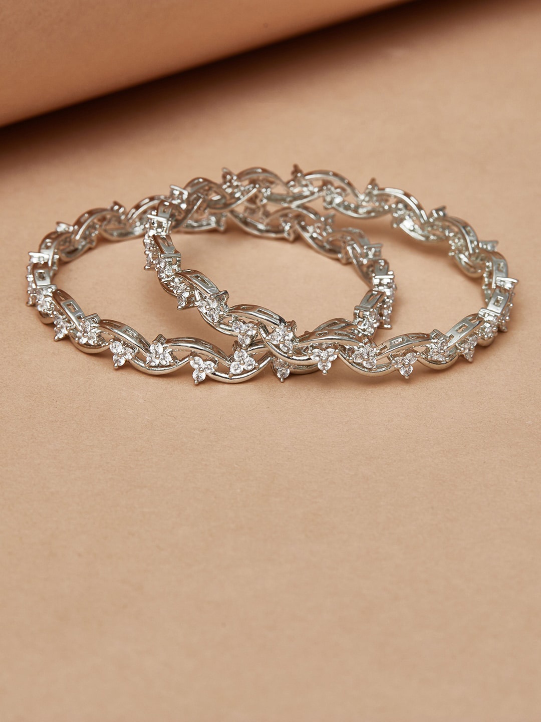 

Voylla Women Silver & White Set Of 2 Gems Studded Brass Bangles