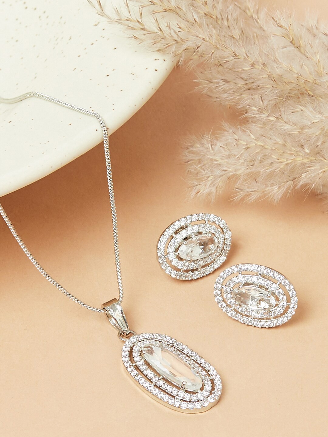 

Voylla Rhodium-Plated Set With Chain & Earring, Silver