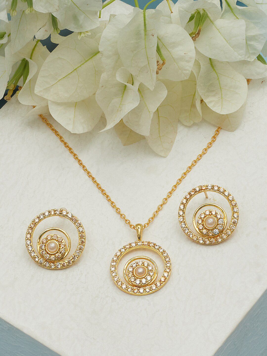 

Voylla Gold-Plated & White Stone Studded Pendant Chain & Earrings