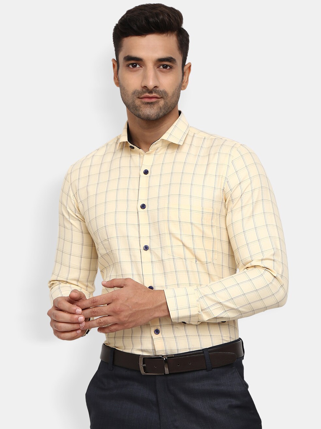 

V-Mart Men Yellow Classic Grid Tattersall Checks Checked Formal Shirt