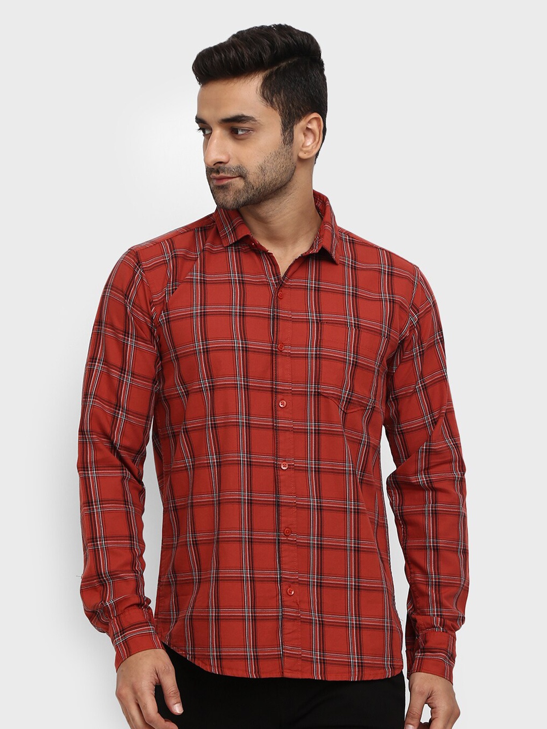 

V-Mart Men Rust Classic Tartan Checks Checked Casual Shirt