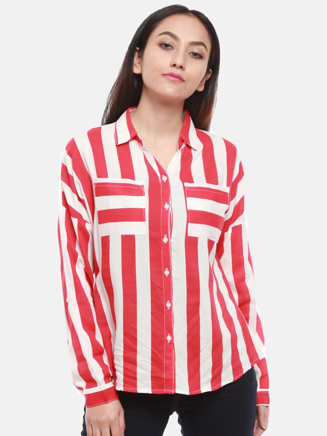 

V-Mart Women Red Classic Striped Casual Shirt