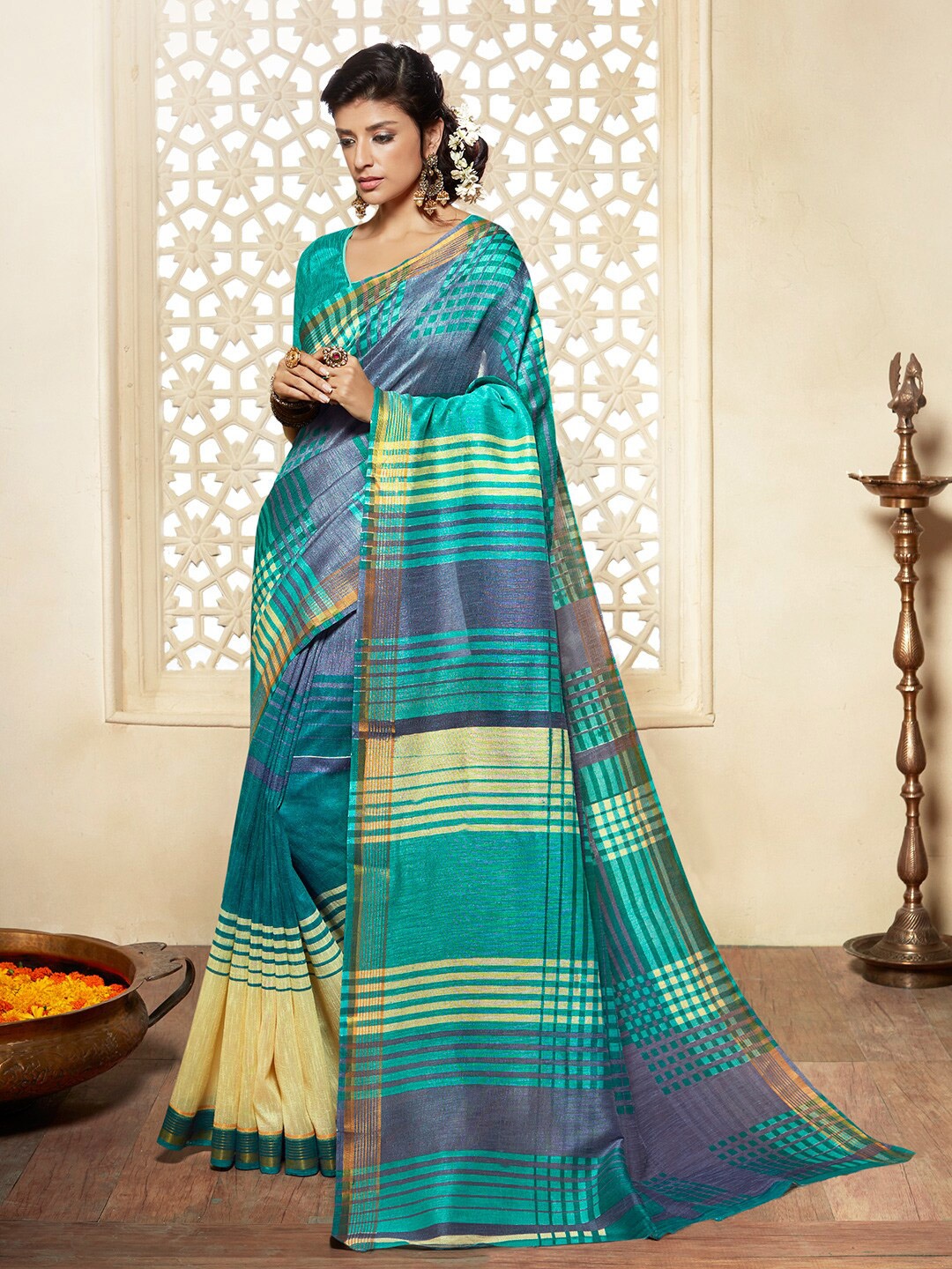

Shaily Sea Green & Beige Striped Silk Cotton Saree