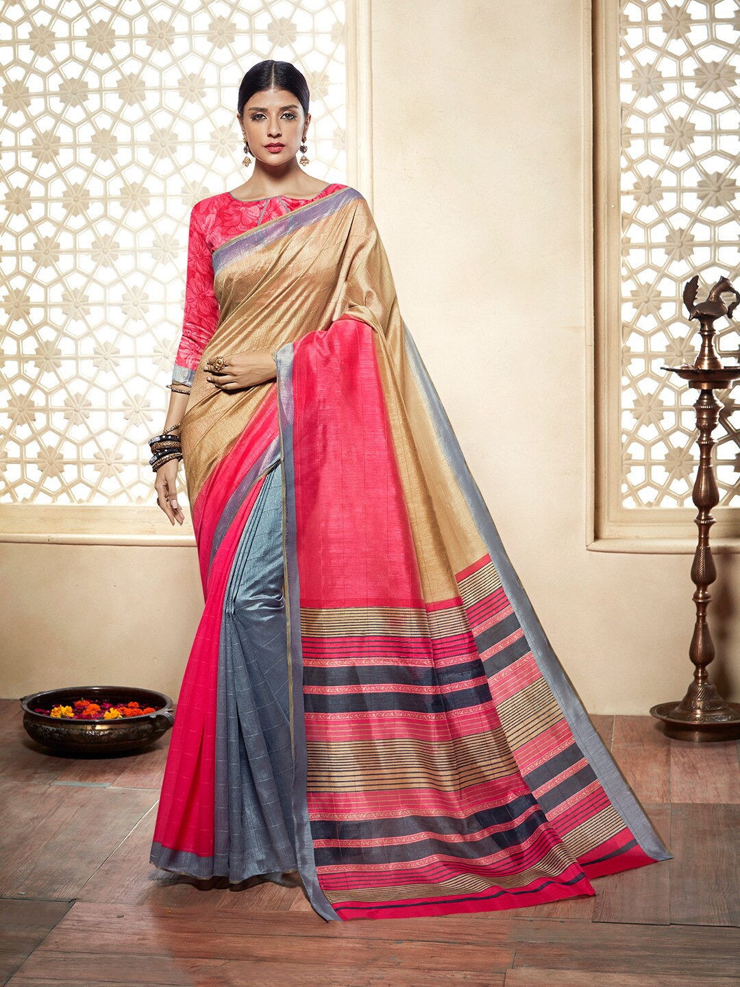 

Shaily Beige & Pink Striped Zari Silk Cotton Saree