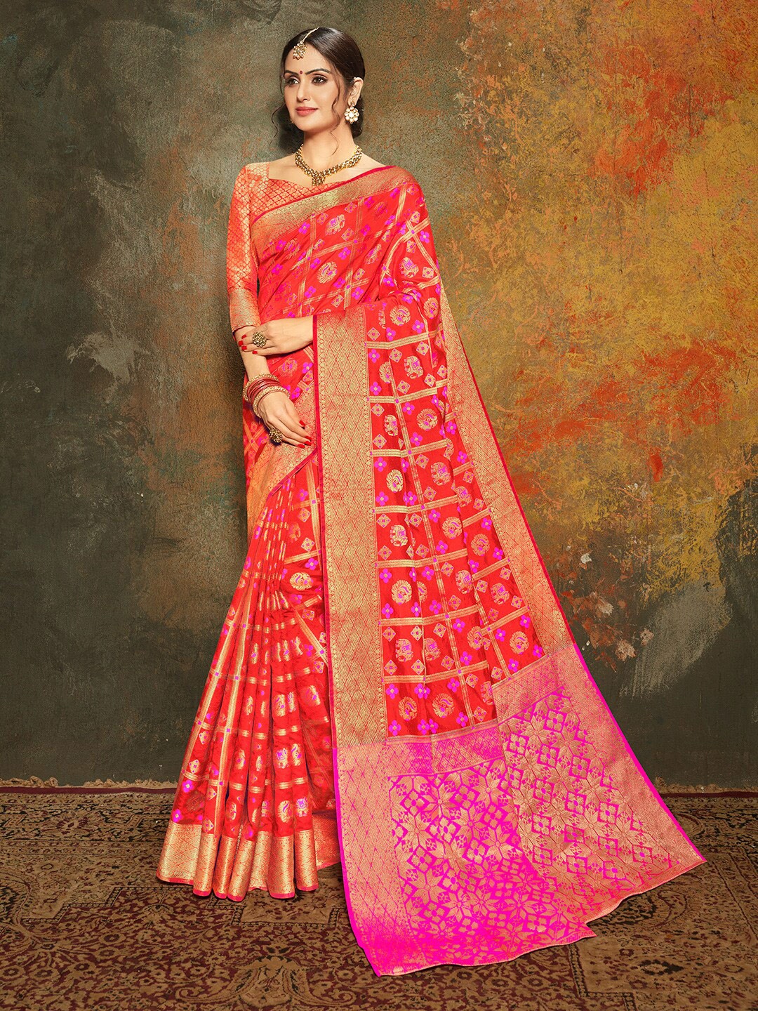

Shaily Red & Pink Woven Design Zari Silk Blend Patola Saree