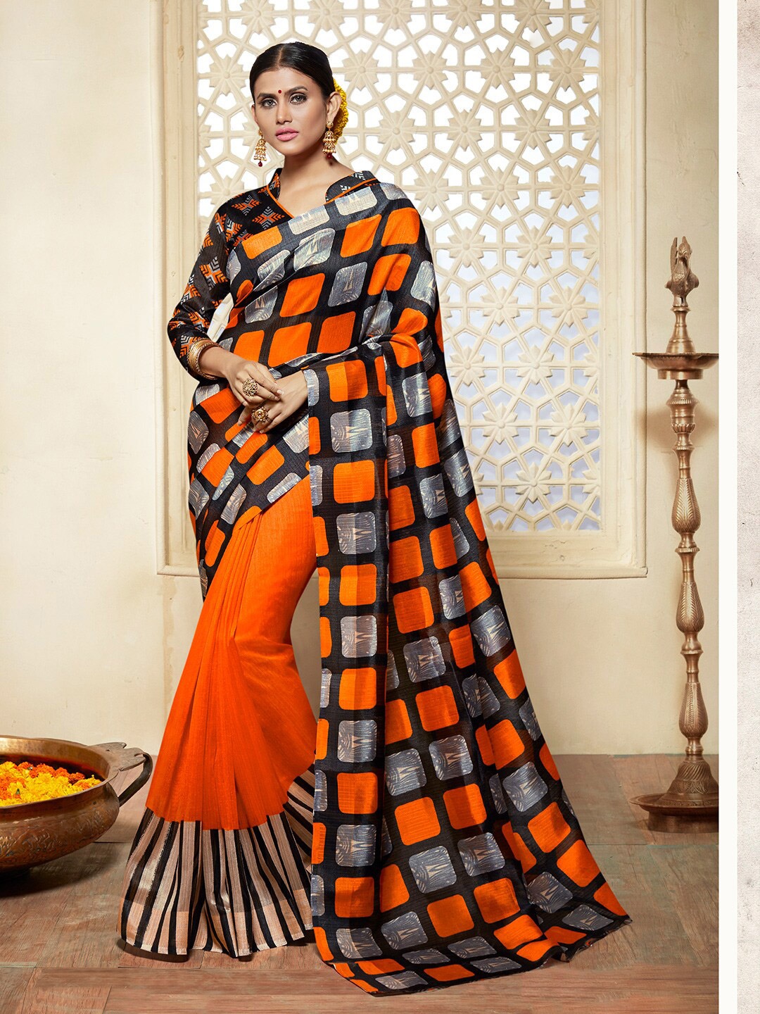 

Shaily Orange & Silver-Toned Checked Zari Silk Cotton Saree