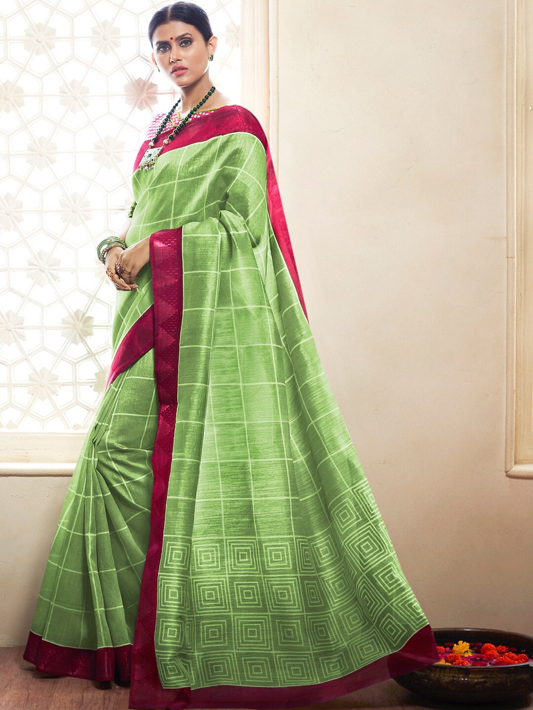 

Shaily Green & Pink Checked Zari Silk Cotton Saree