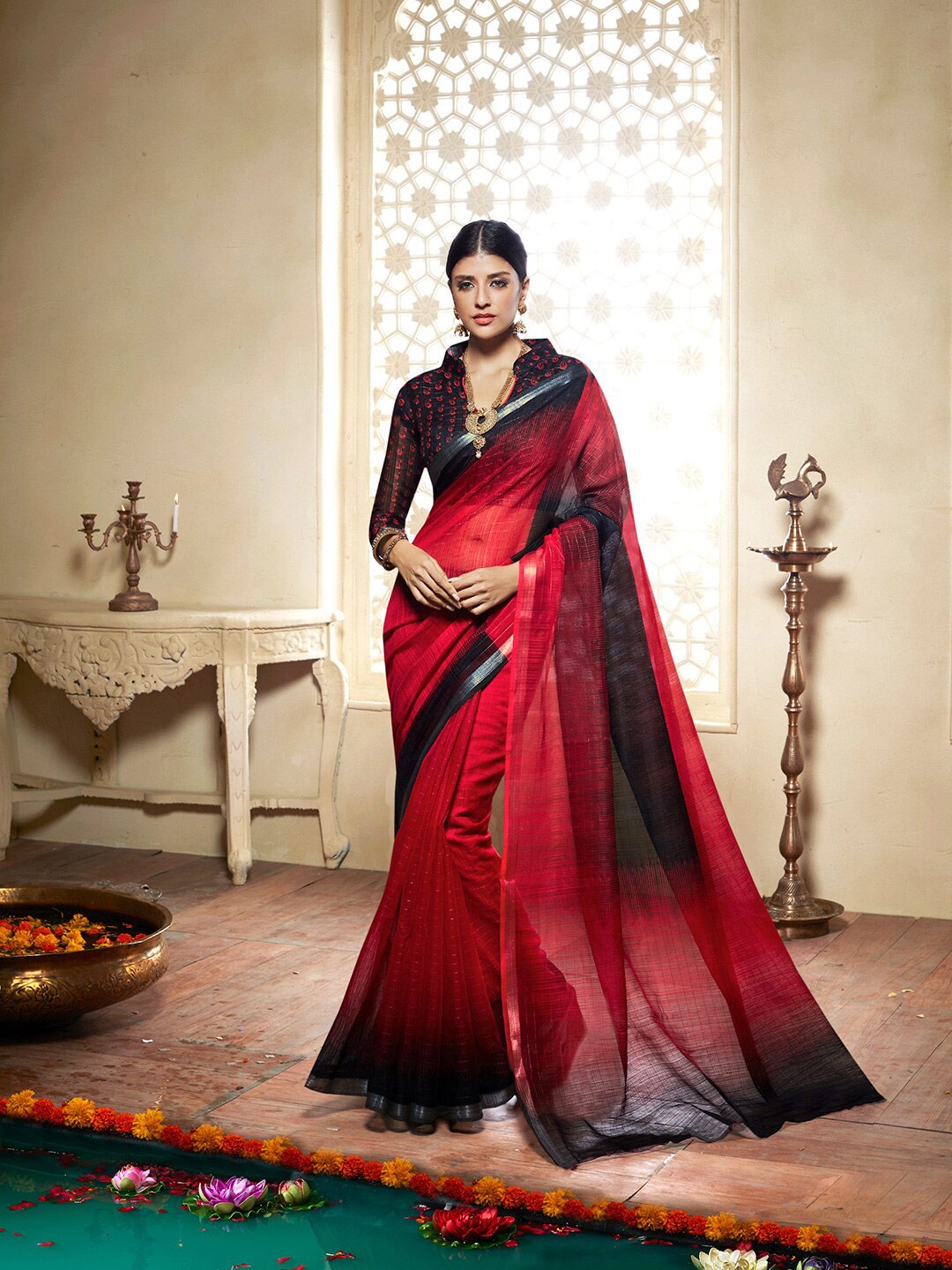 

Shaily Red & Black Striped Zari Silk Cotton Saree