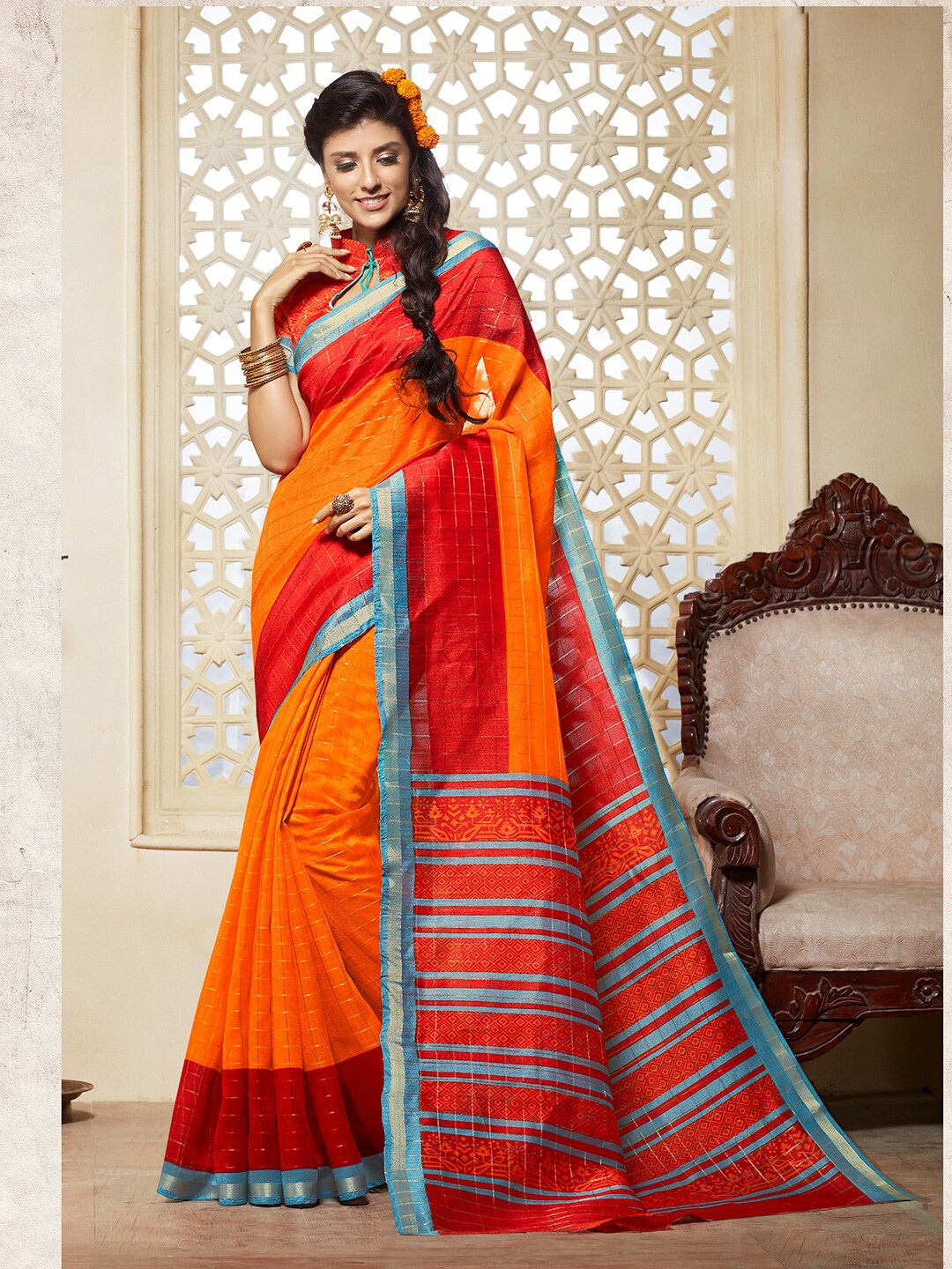 

Shaily Women Orange & Silver-Toned Checked Zari Silk Cotton Saree