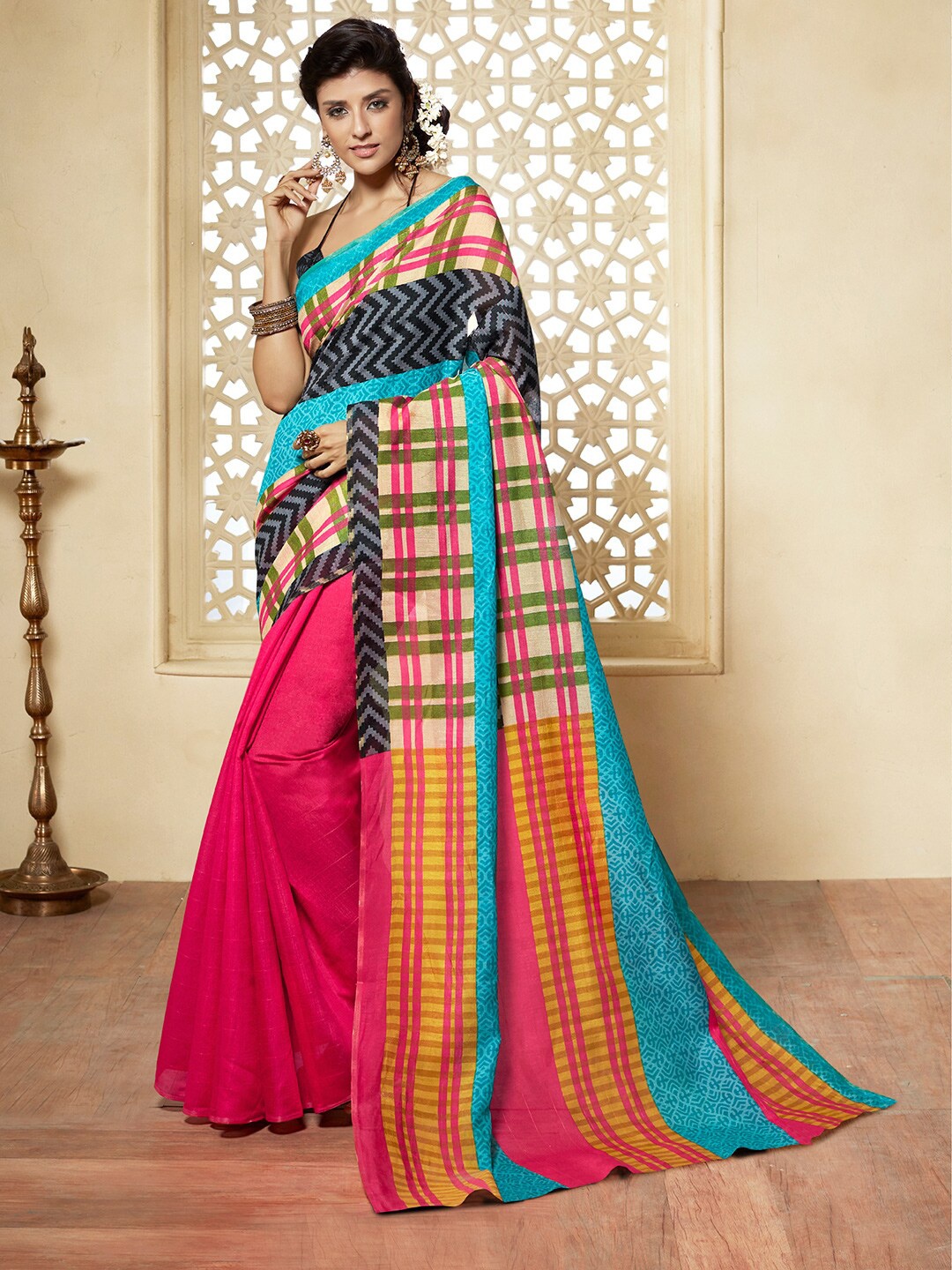 

Shaily Pink & Blue Checked Silk Cotton Saree