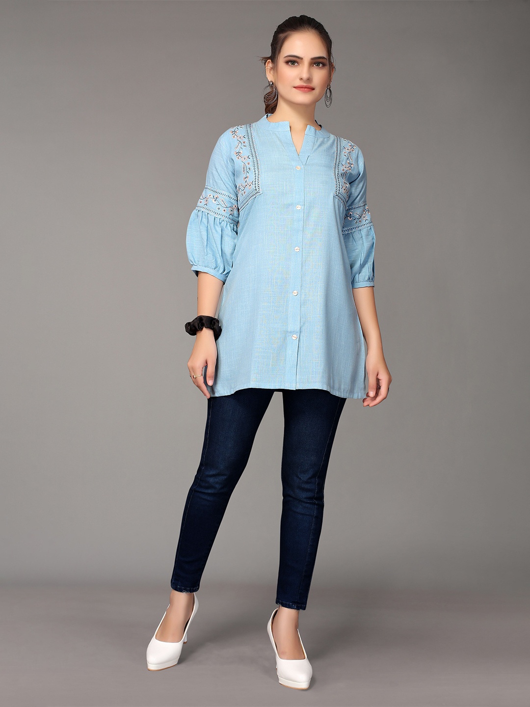 

Nimayaa Blue Embroidered Mandarin Collar Shirt Style Top