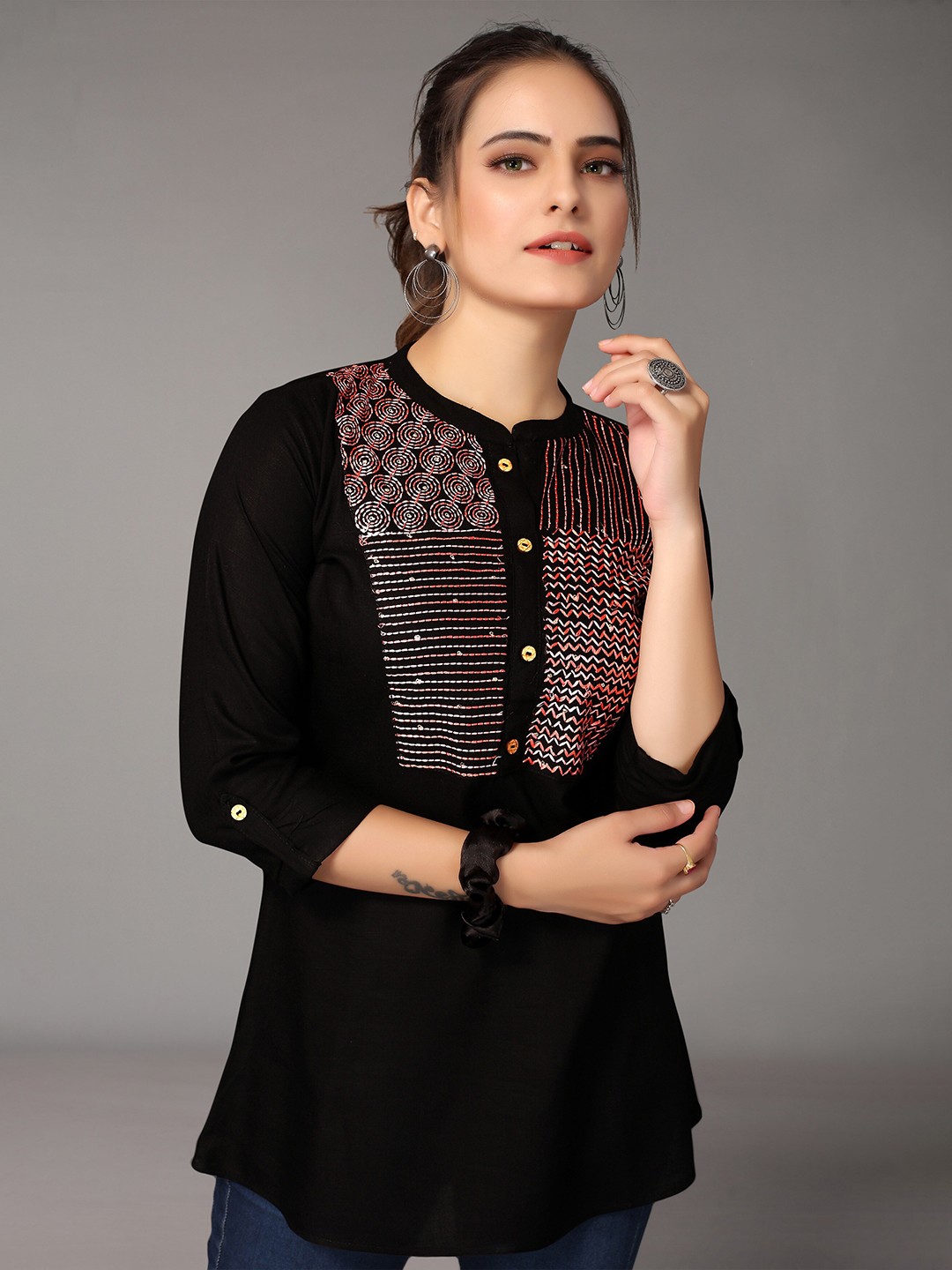 

Nimayaa Women Black Embroidered Mandarin Collar Roll-Up Sleeves Top