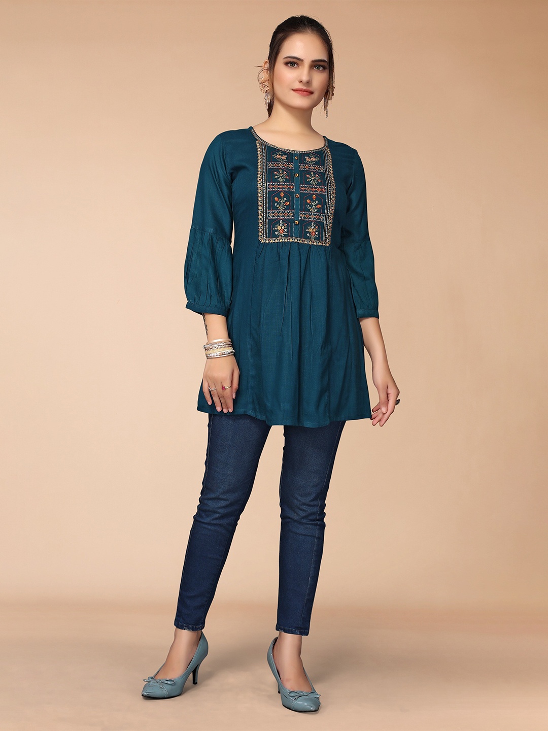 

KALINI Women Teal Embroidered Rayon Short Top