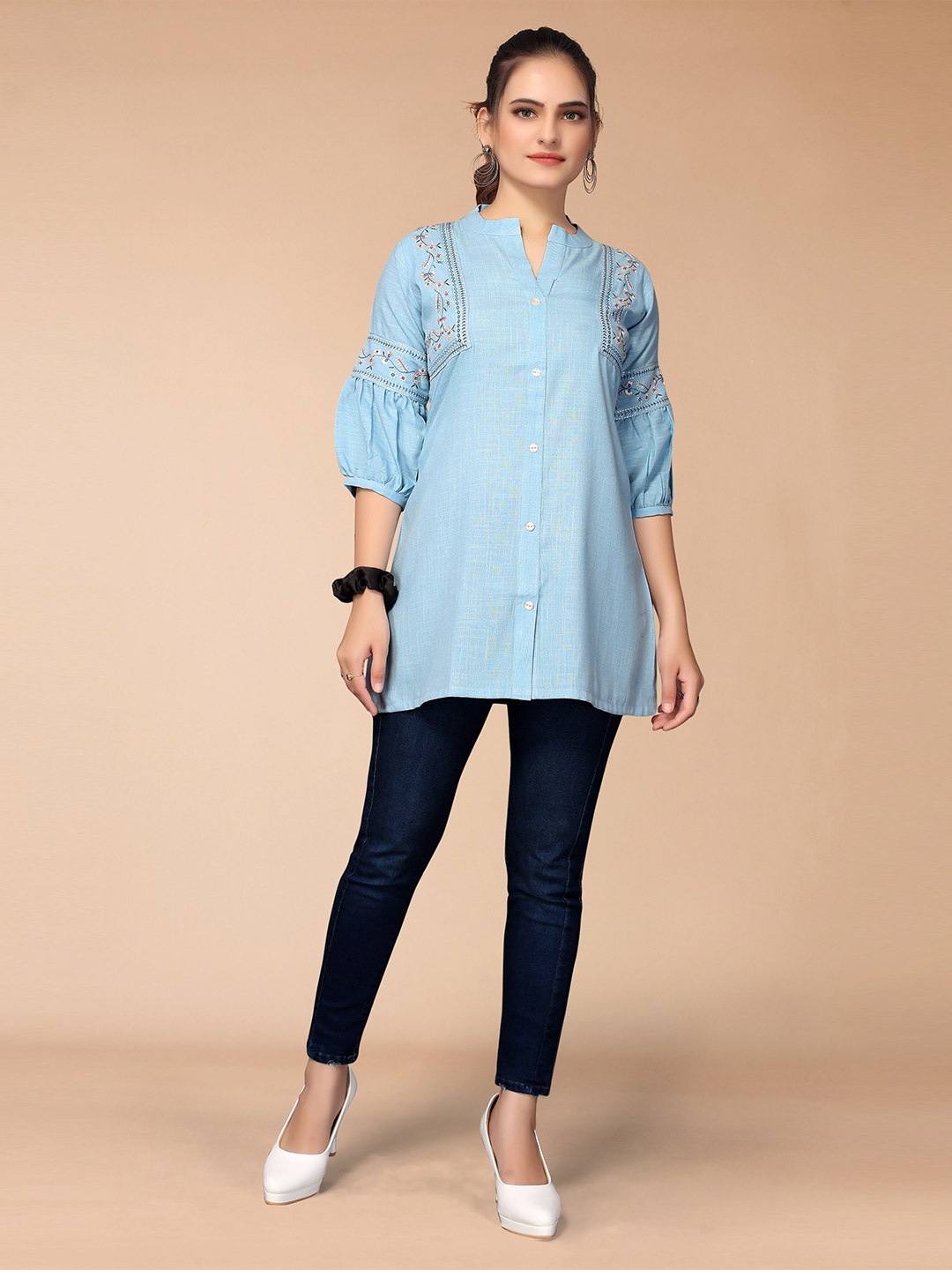 

KALINI Blue Embroidered Shirt Style Top
