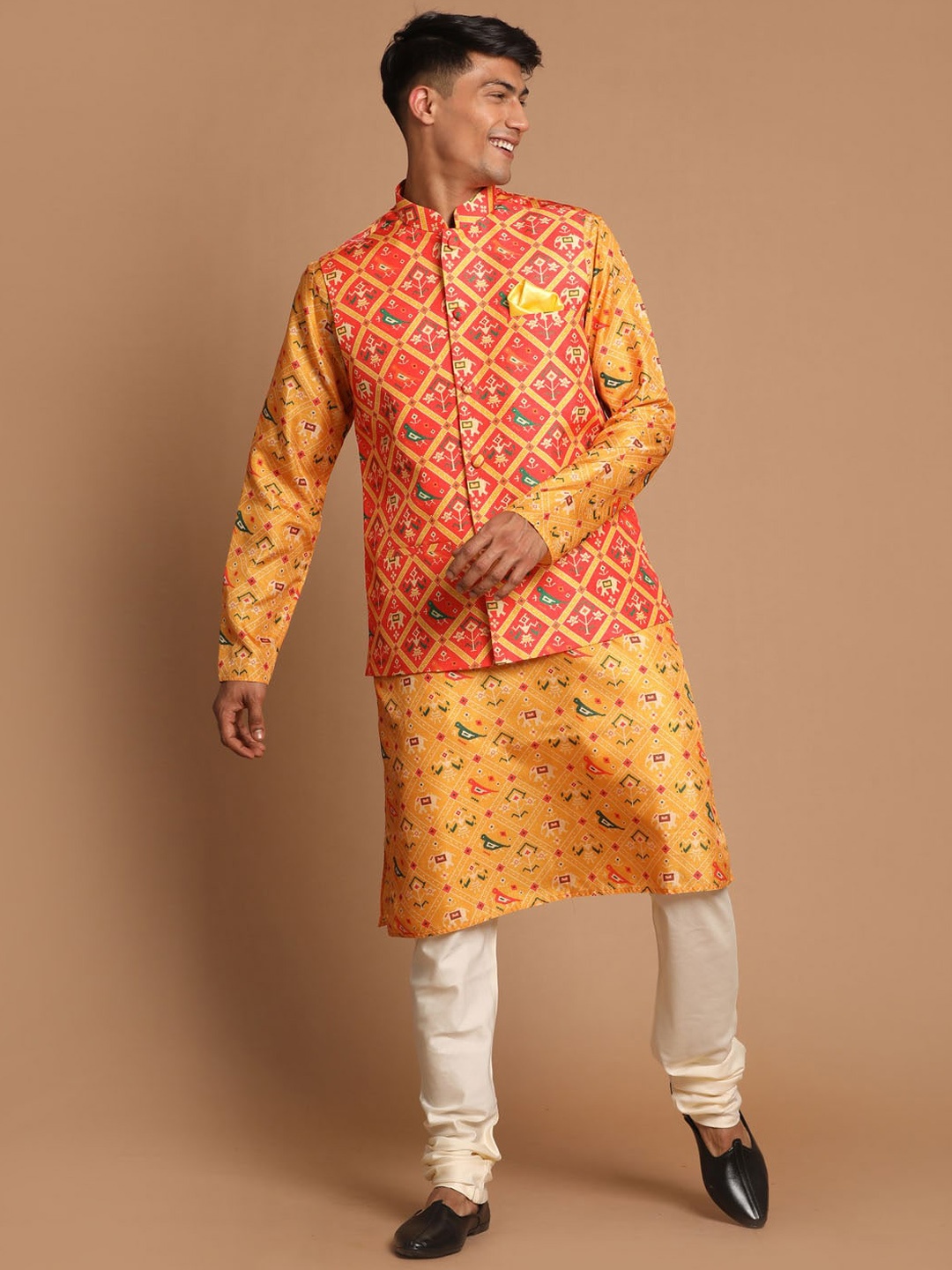 

VASTRAMAY Men Yellow Printed Kurta with Churidar & Patola Printed Nehru Jacket