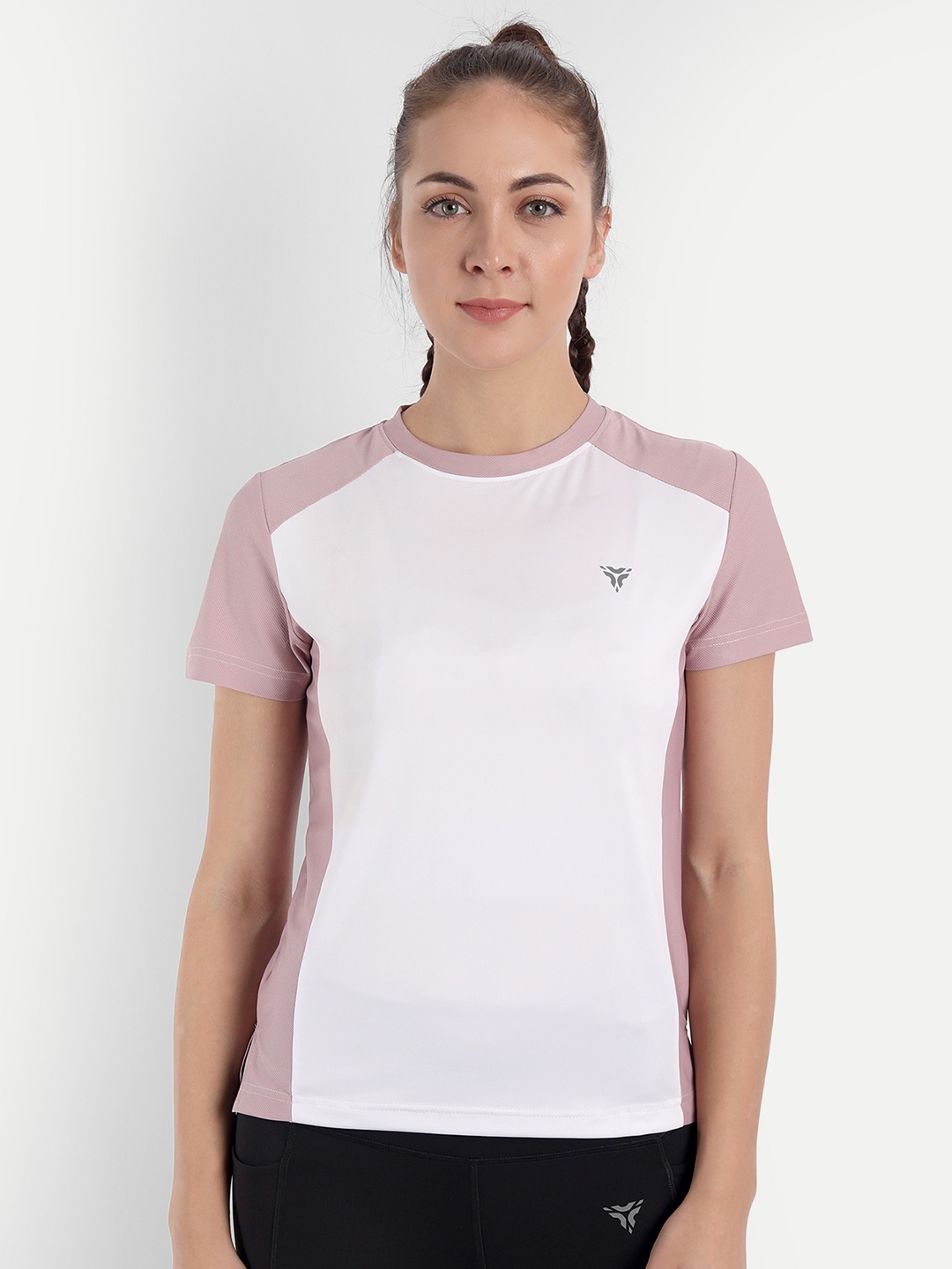 

deb Women White & Mauve Colourblocked Regular Fit T-shirt