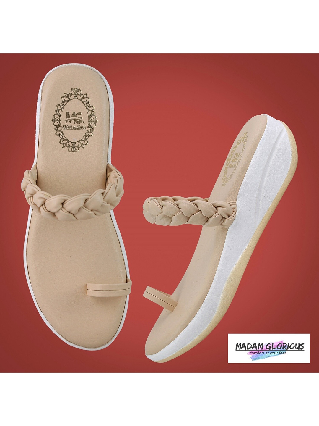 

madam glorious Women Beige Braided Wedges