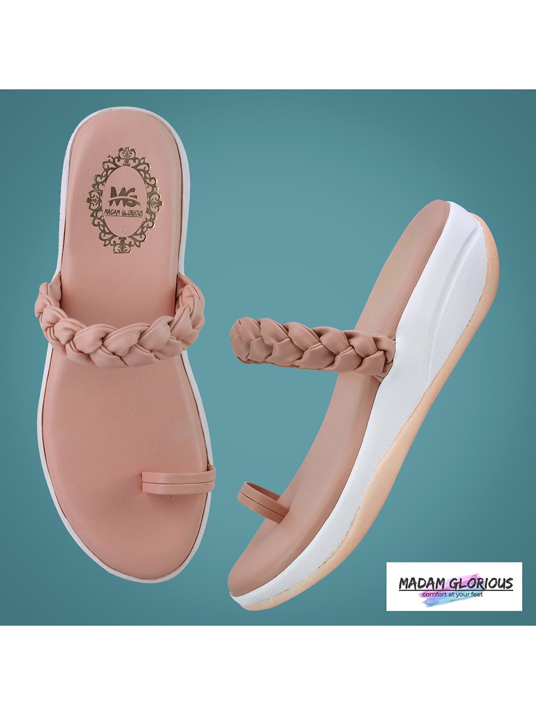 

madam glorious Peach-Coloured Flatform Toe Ring strapSandals