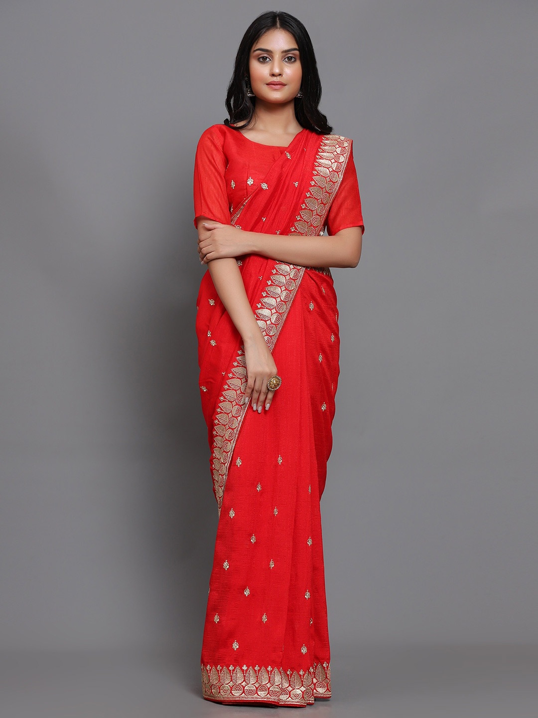 

3BUDDY FASHION Red & Gold-Toned Ethnic Motifs Embroidered Jute Silk Venkatgiri Saree