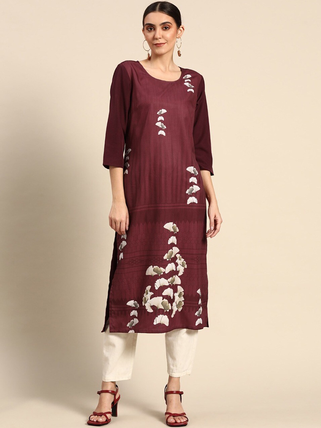 

Sangria Women Maroon Floral Printed Indie Prints Crepe Kurta