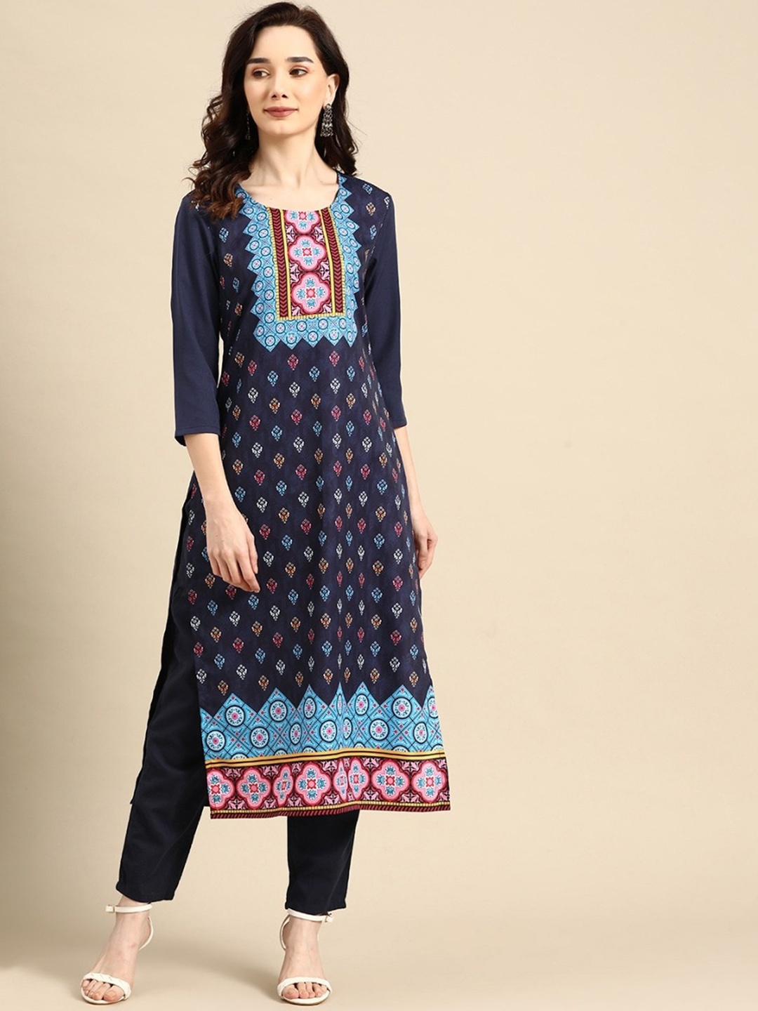 

Sangria Women Navy Blue & Blue Printed Straight Kurta