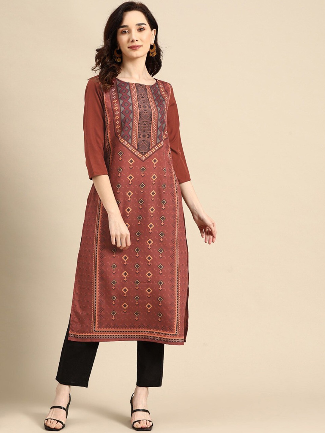 

Sangria Women Coffee Brown Geometric Striped Indie Prints Crepe Kurta