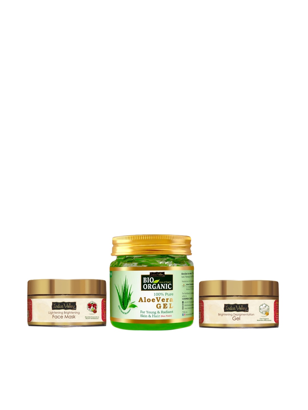 

Indus Valley Set Of 3 Face Care Combo Aloe Vera Gel, Depigmentation Gel And Skin Lightening Brightening Face Mask, Green